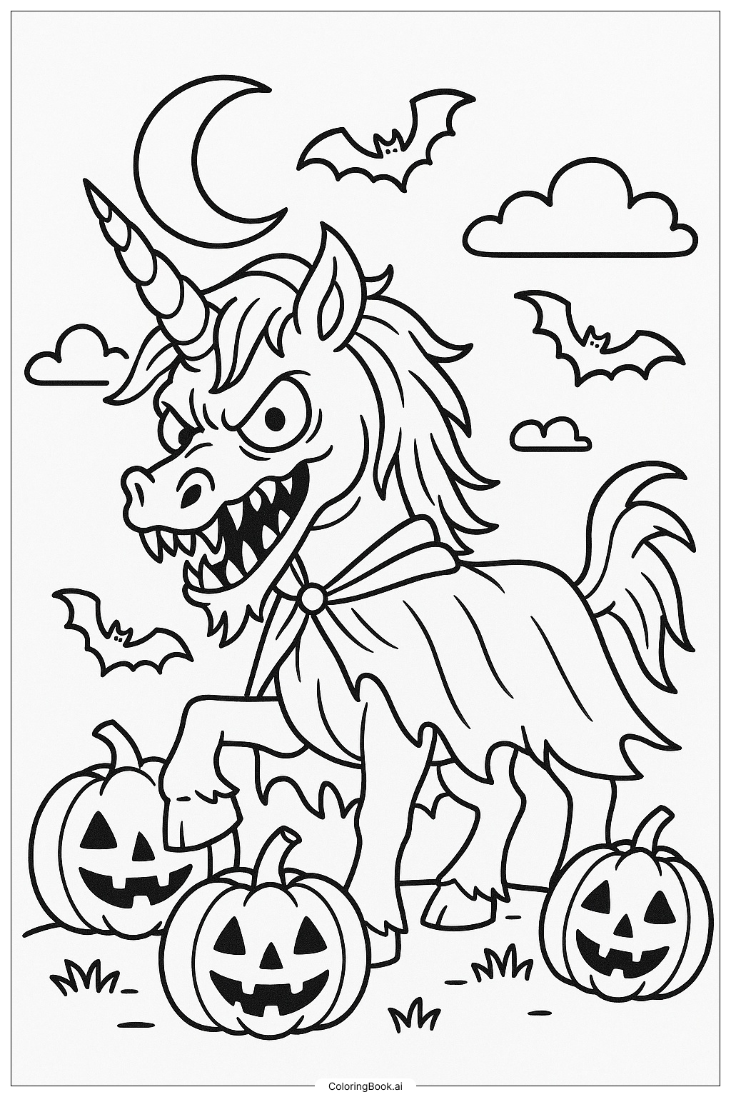  怖いユニコーンのハロウィンモンスターの塗り絵ページ 