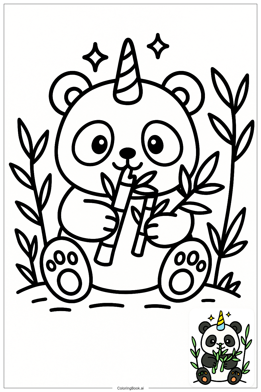  独角兽熊猫吃竹子美食填色页 