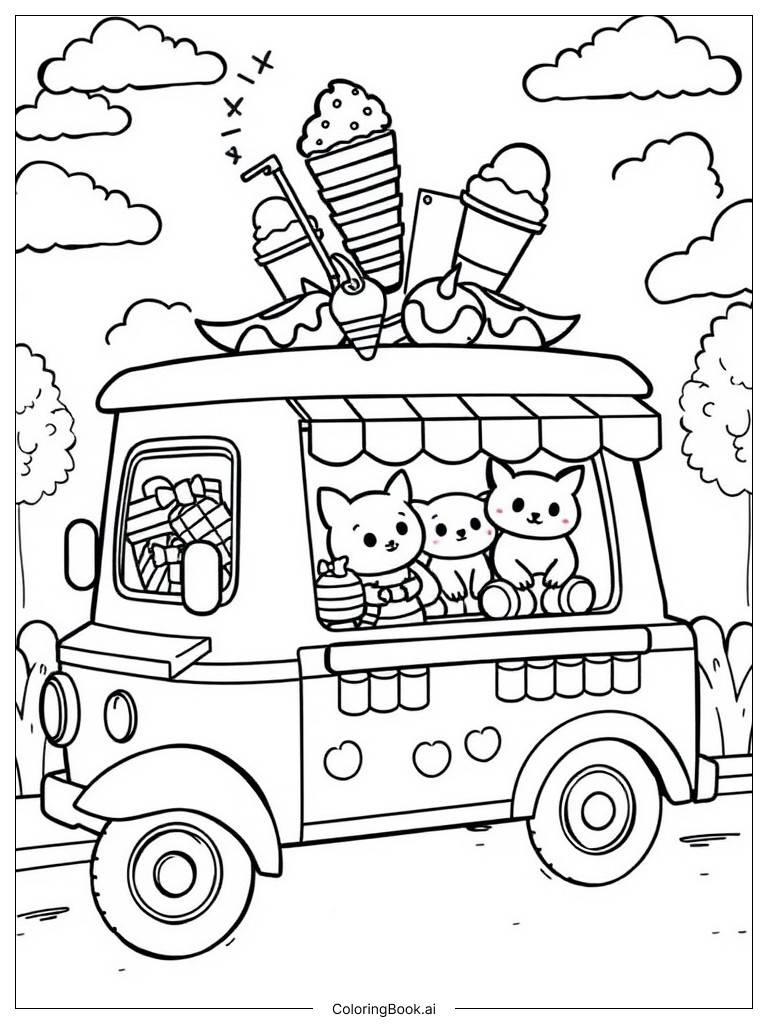  Page de coloriage Parade de camion de crème glacée avec décorations kawaii et clients animaliers 