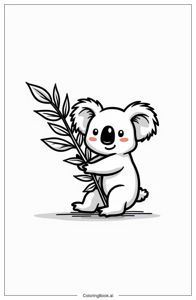  Página para colorear de Koala de estilo Kawaii abrazando hojas de eucalipto 