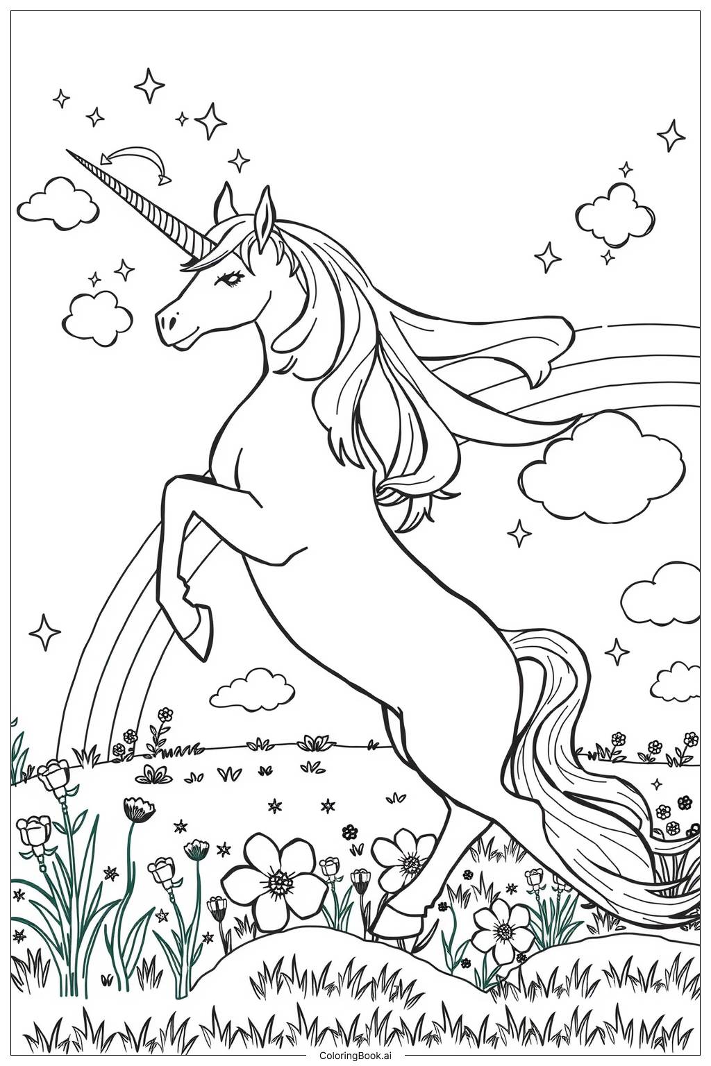  Page de coloriage licorne avec un fond arc-en-ciel-2 