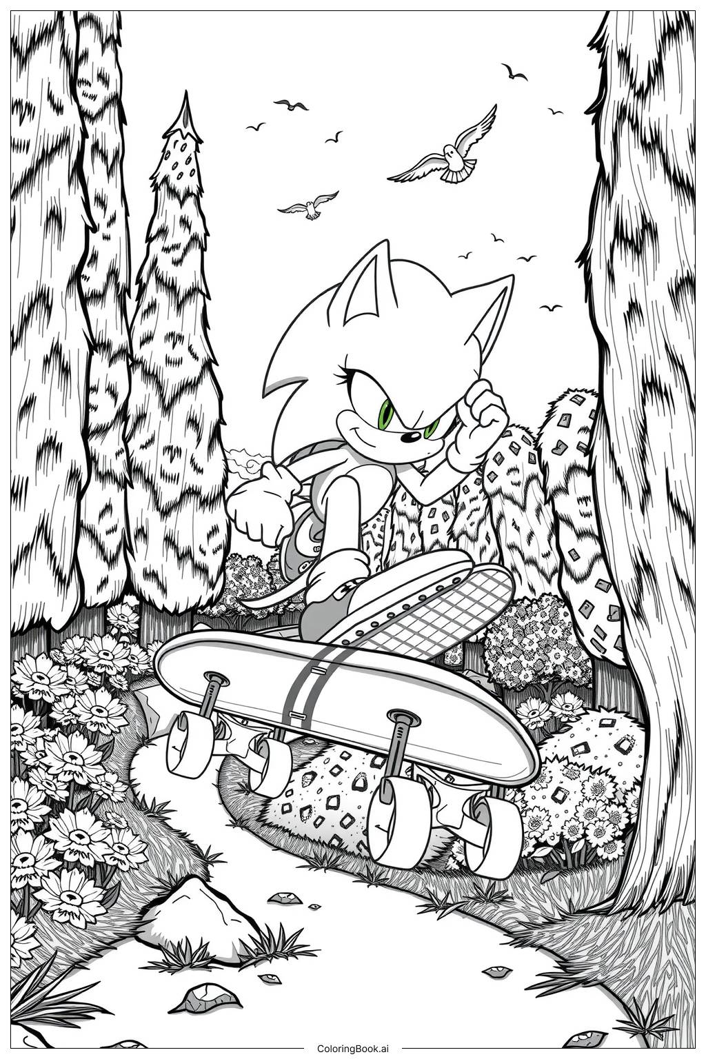  Página para colorir de sonic andando de skate em um parque ensolarado 