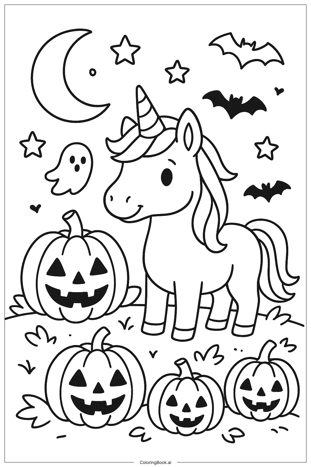  不気味なユニコーンのハロウィンシーンの塗り絵ページ 