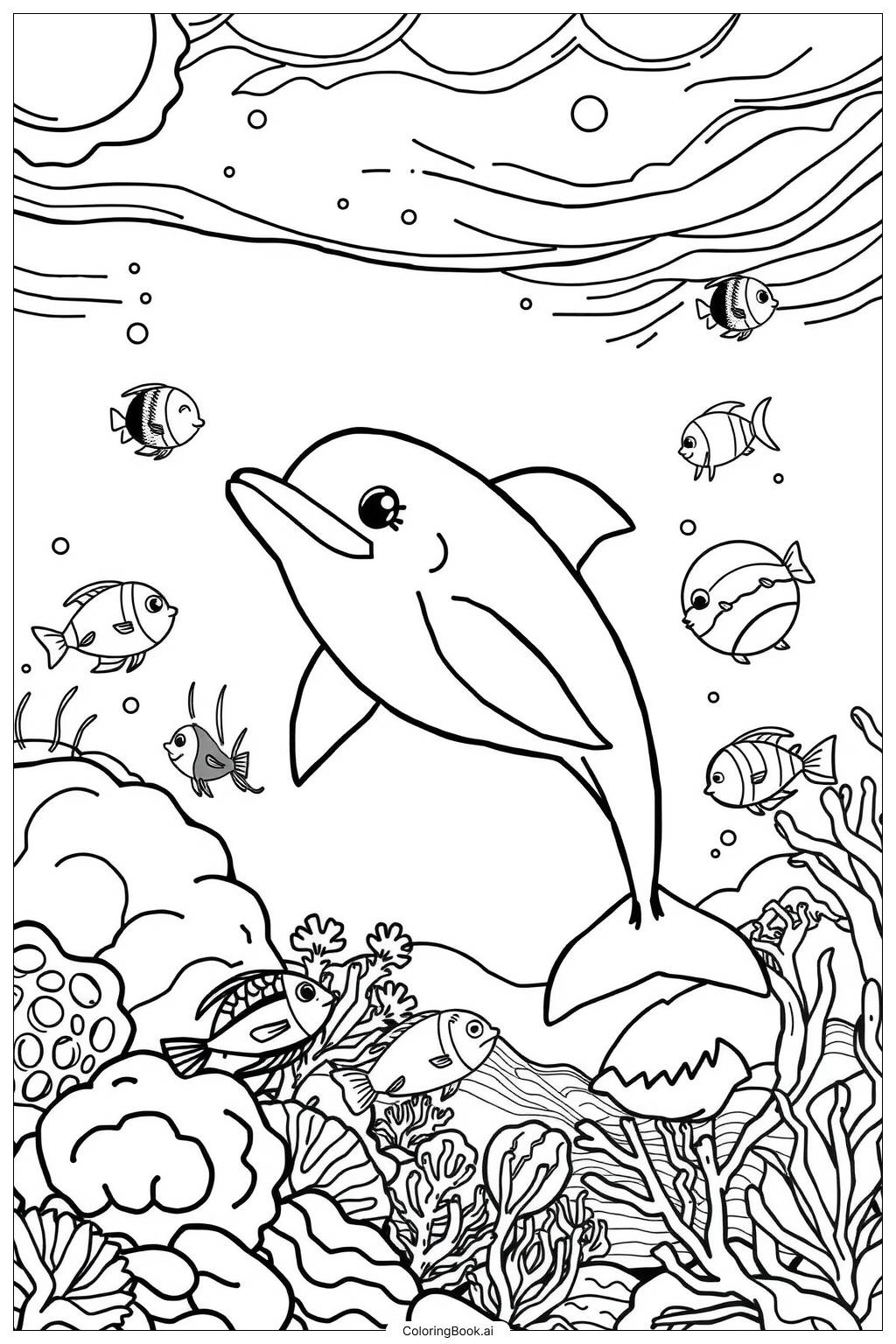  Page de coloriage Scène sous-marine avec des dauphins 