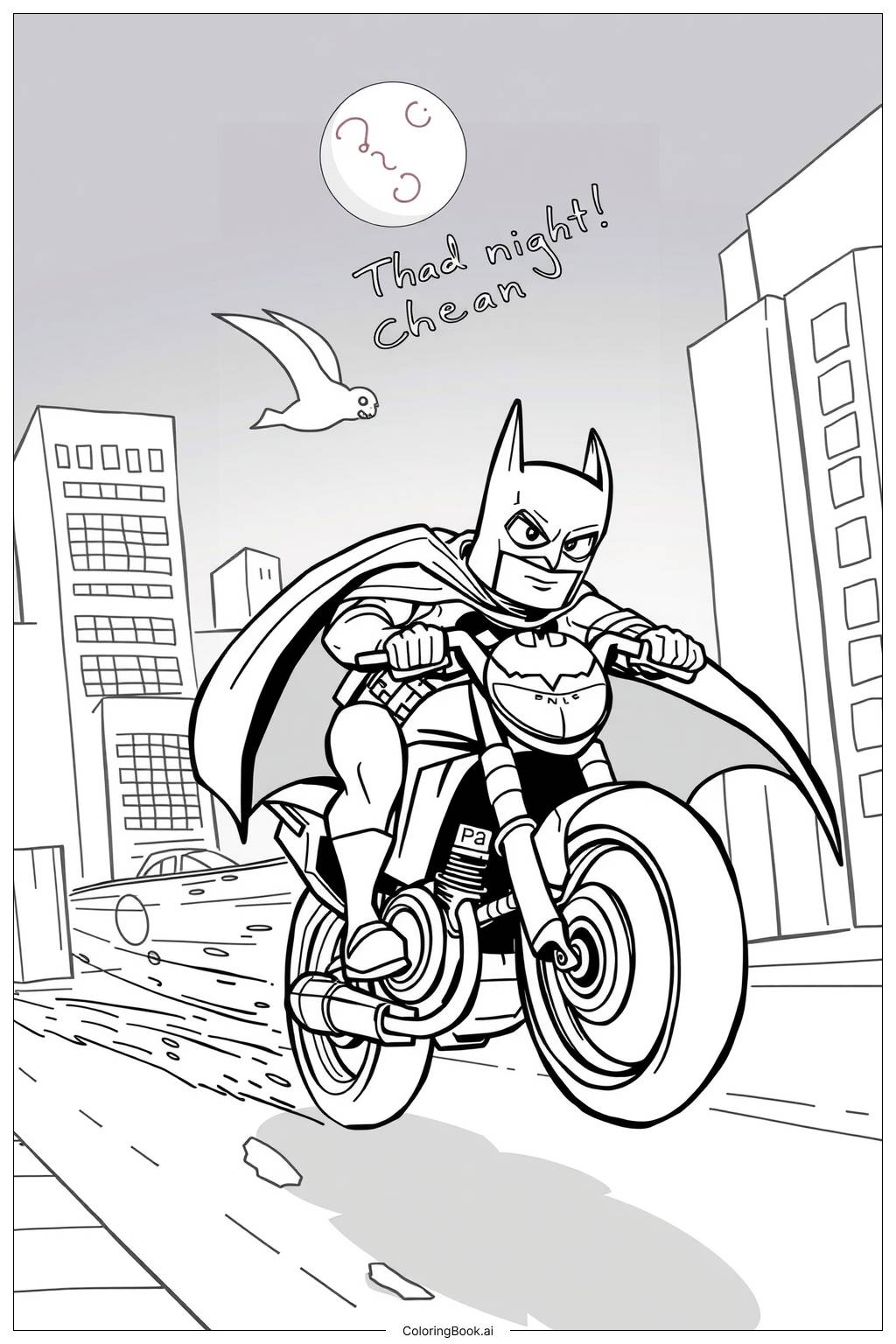  Página para colorear de Persecución en motocicleta de Batman en la ciudad oscura 