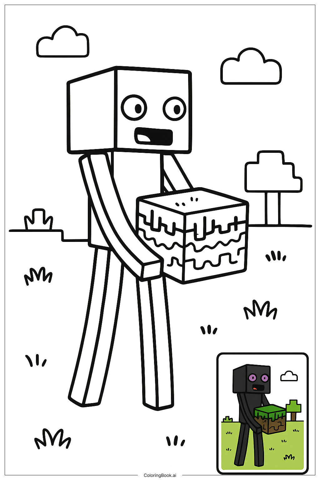 Trang tô màu Minecraft Enderman Cầm Khối Cỏ