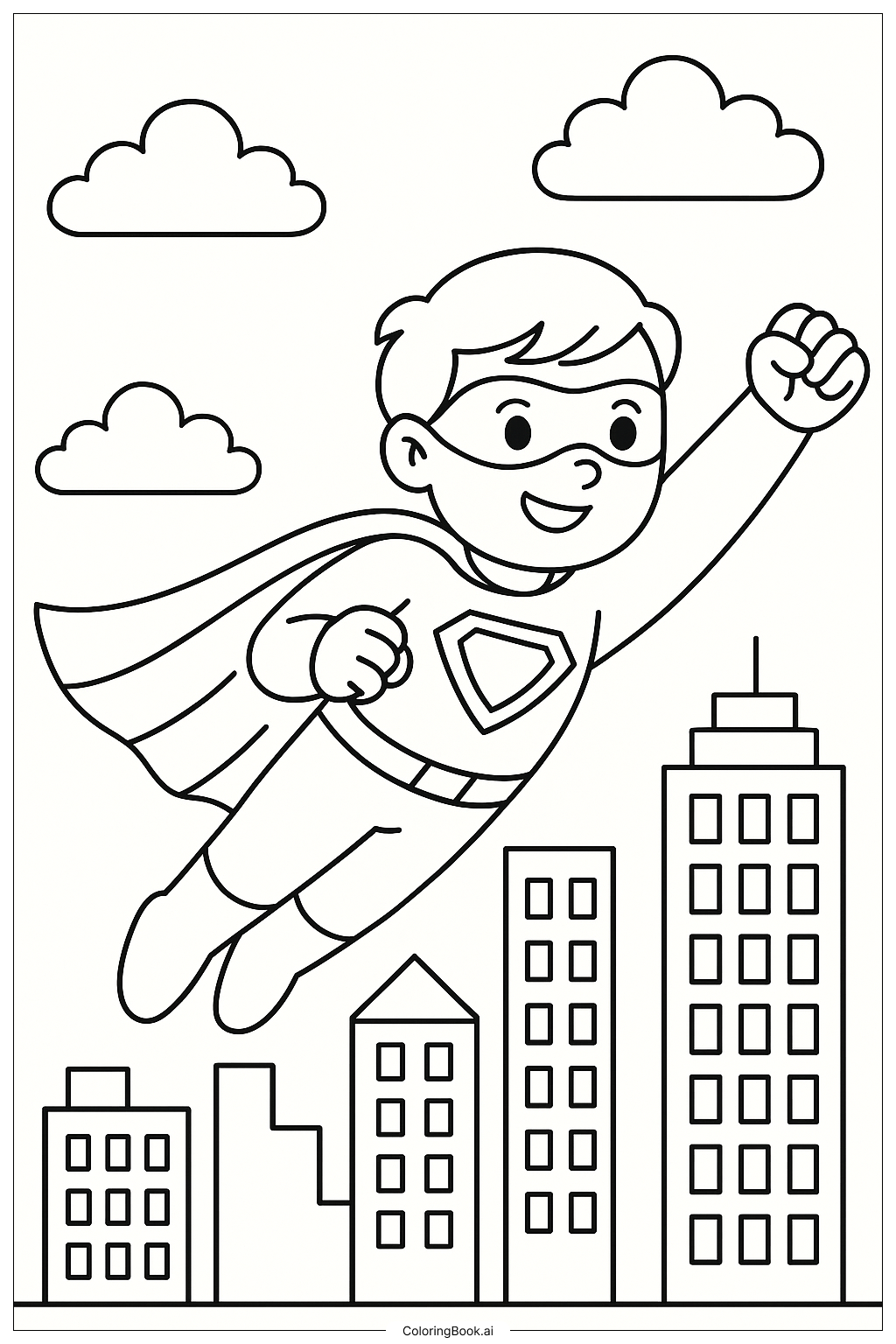 Superheld fliegt über der Stadt Ausmalseite