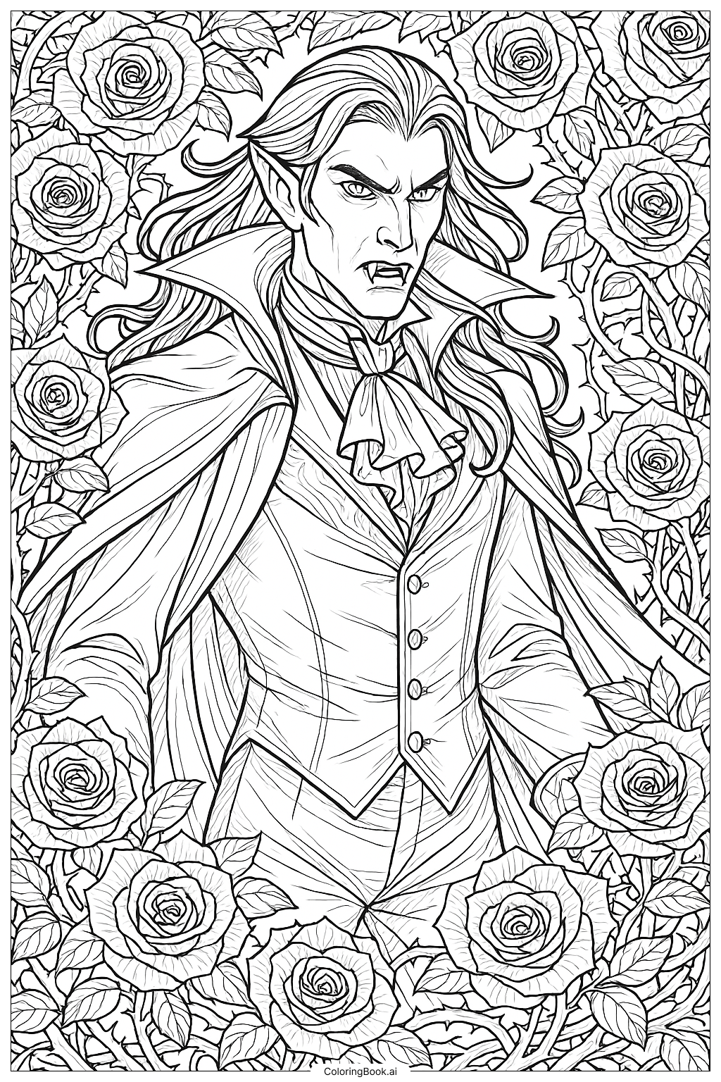  Vampire Surrounded By Intricate Roses Coloring Page 