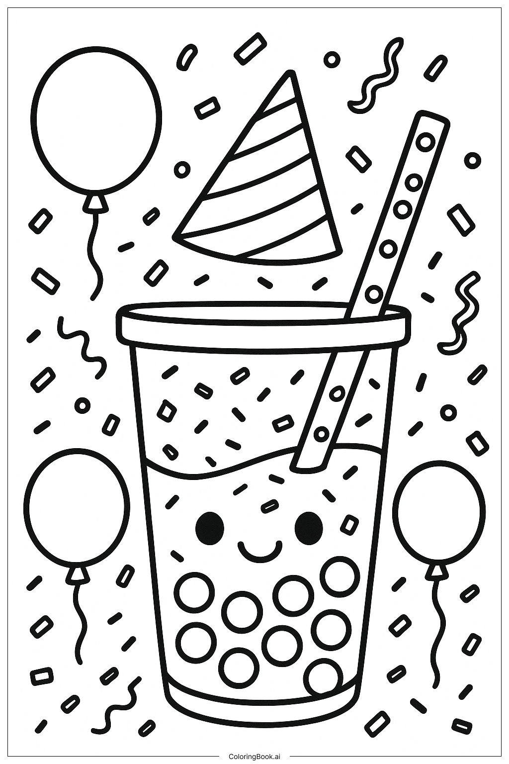 Boba Tea Celebration With Confetti Coloring Page 