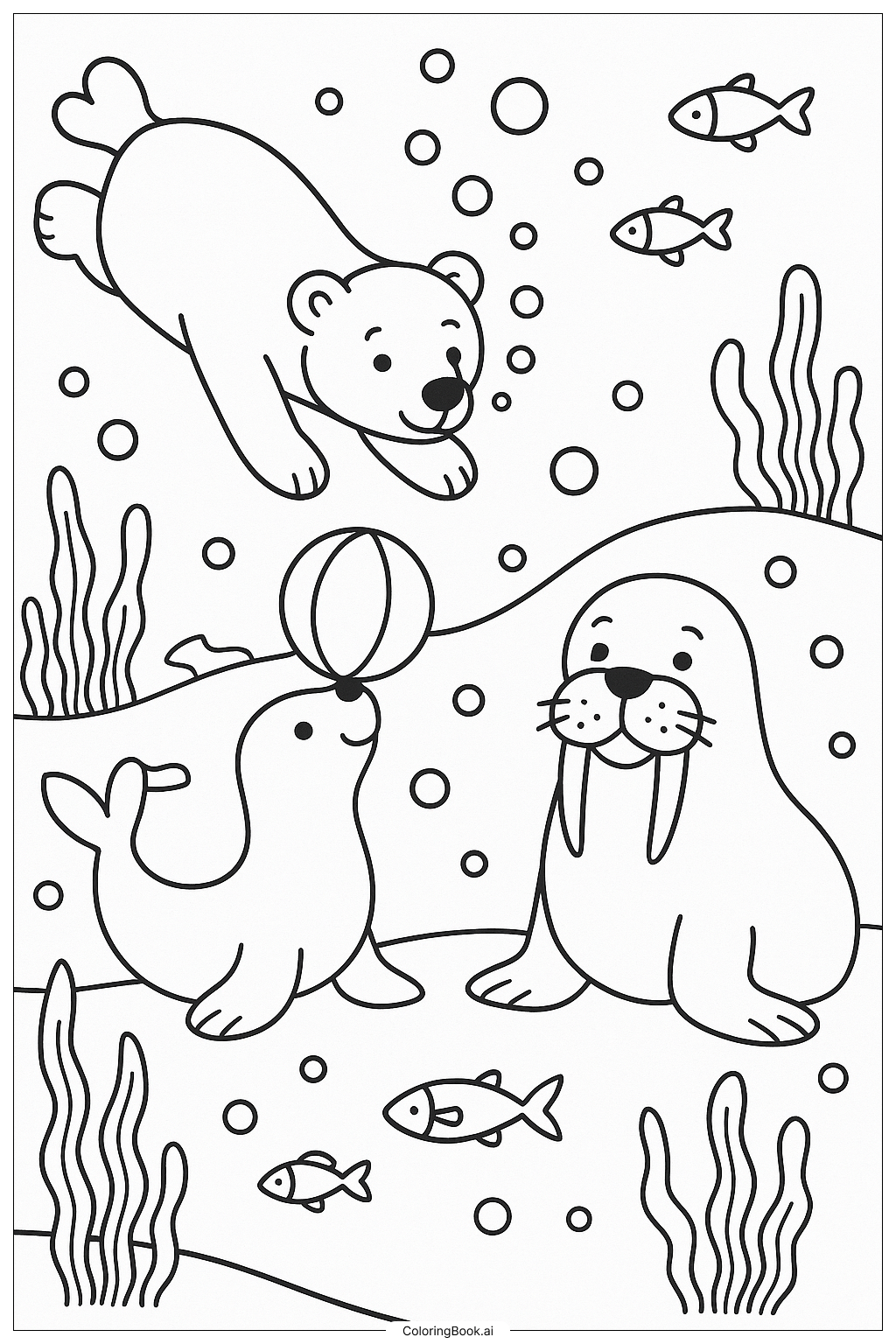 北極動物の水中王国の塗り絵ページ 