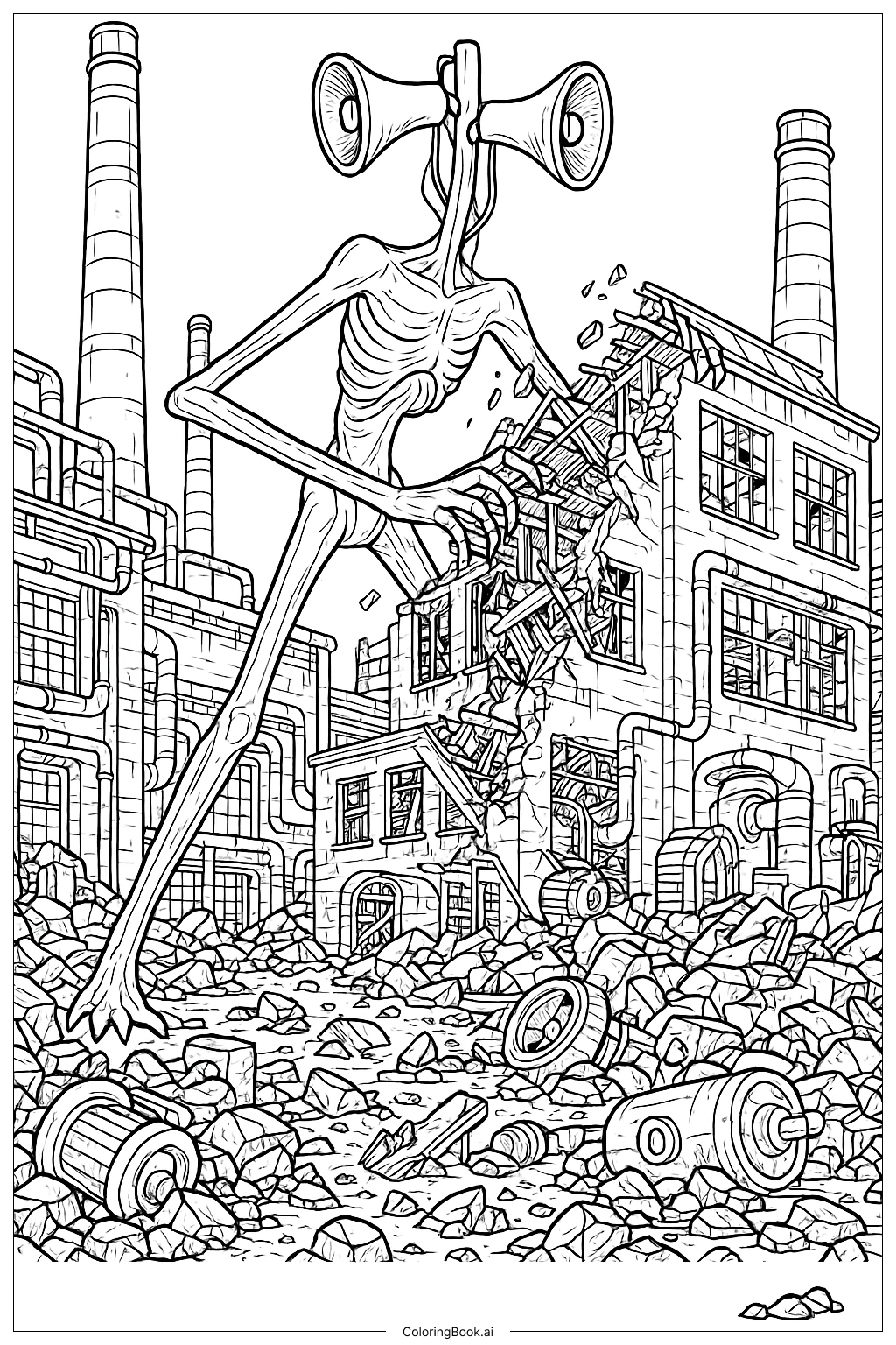  Page de coloriage Siren Head détruisant une ancienne usine 