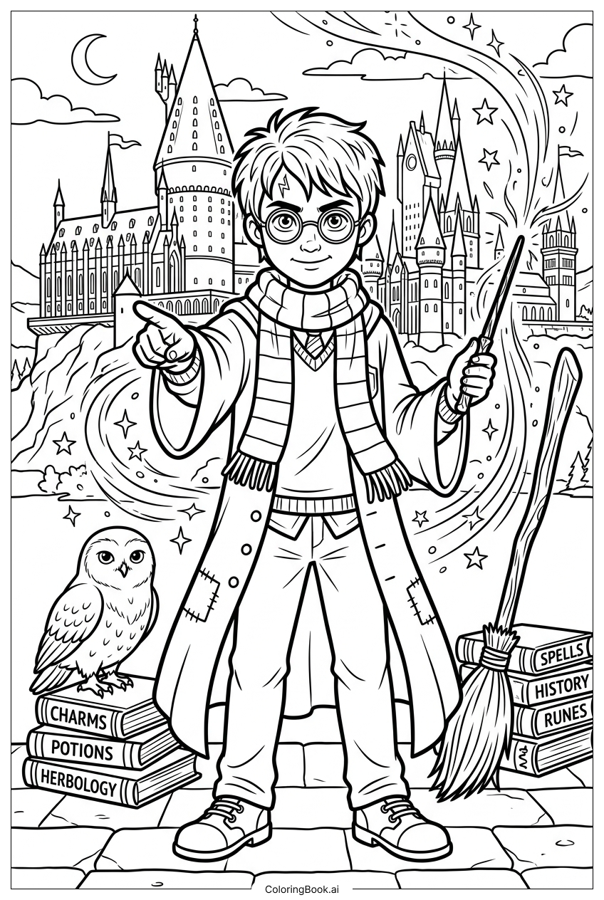 Harry Potter pointing wand before Hogwarts Coloring Page