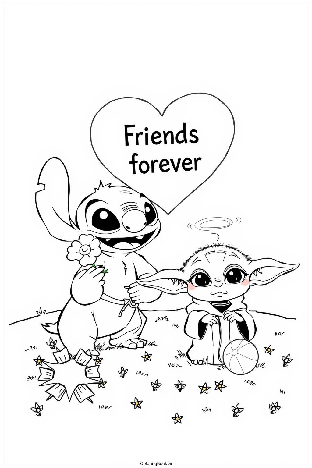  Página para colorear de Stitch y Angel con Baby Yoda 