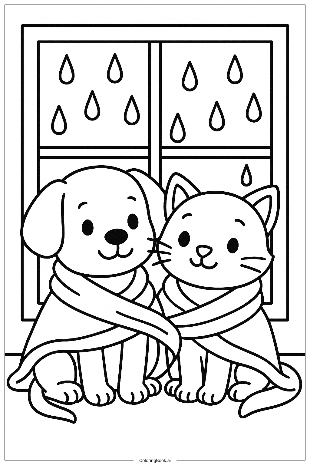 雨天裡溫馨的好友著色頁