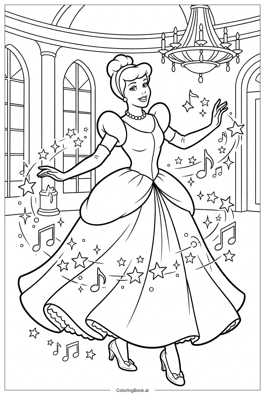  魔法の城の音楽に合わせて踊るディズニープリンセスの塗り絵ページ 