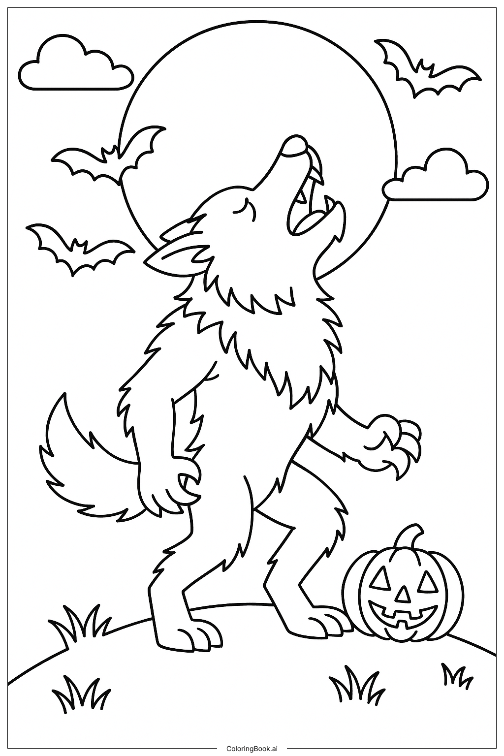  Ein Werwolf, der den Halloween-Mond 2025 anheult Ausmalseite 
