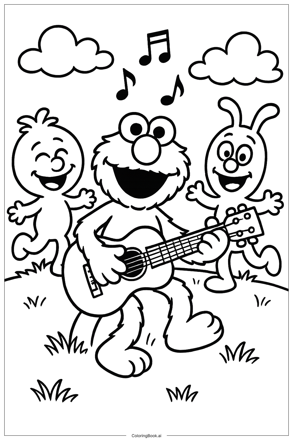  Elmo spielt Gitarre mit Freunden Ausmalseite 