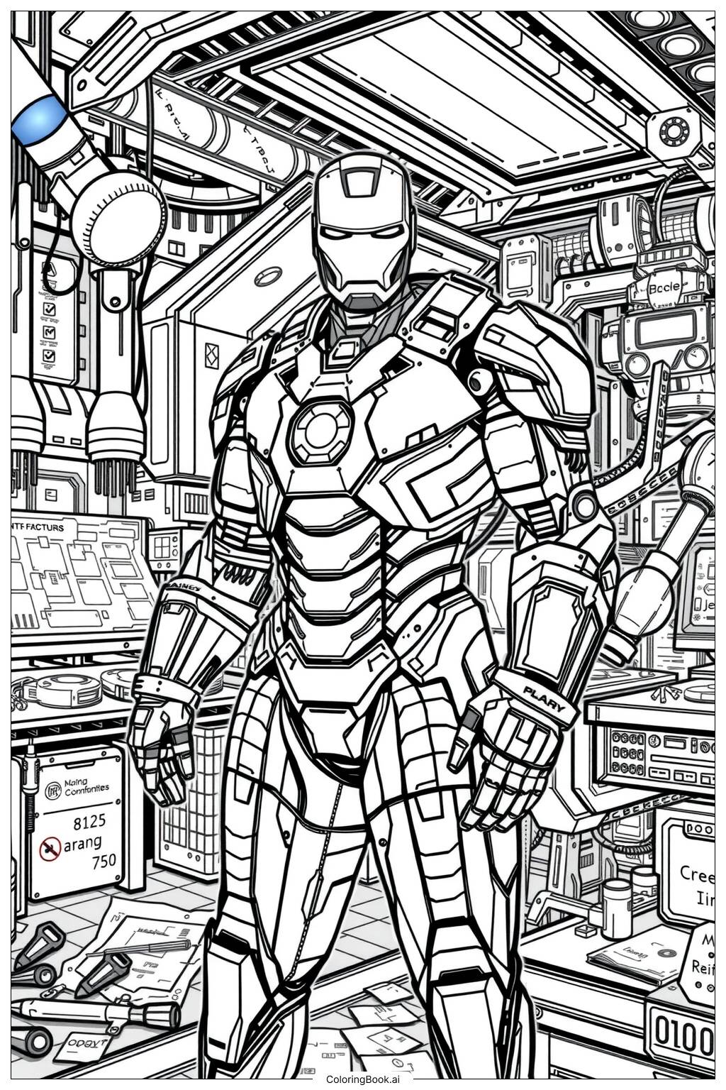  Página para colorear de Iron Man en un taller de alta tecnología 