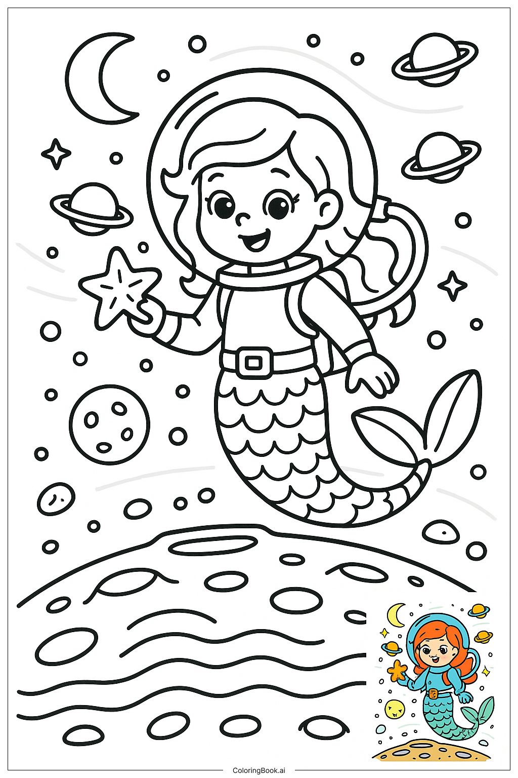  Página para colorear de Sirena Astronauta Explorando las Mareas de la Luna 