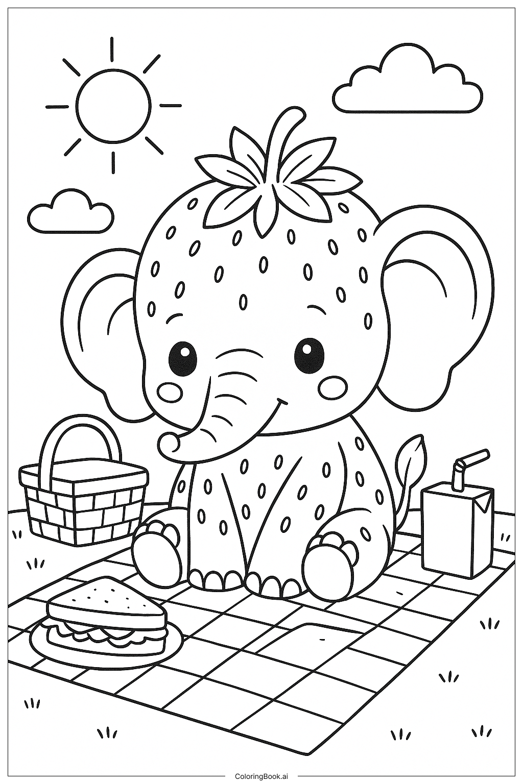  草莓大象野餐填色页 