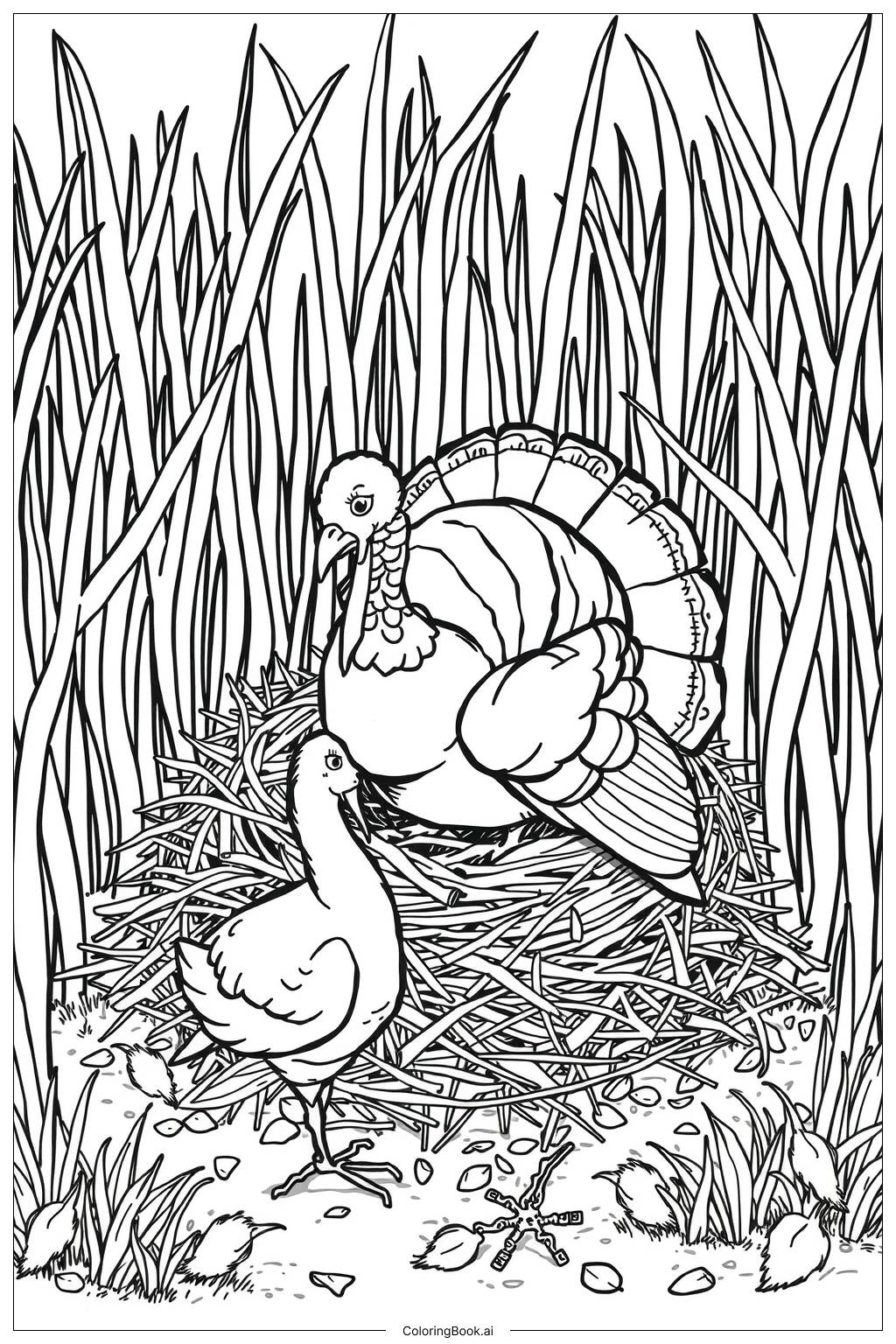  Turkey Making Nest-2 Coloring Page 