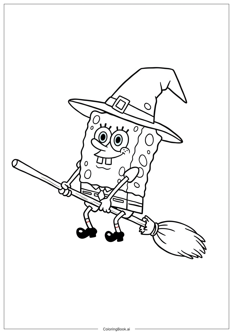  Trang tô màu Spongebob Đội Mũ Phù Thủy Trên Chổi 