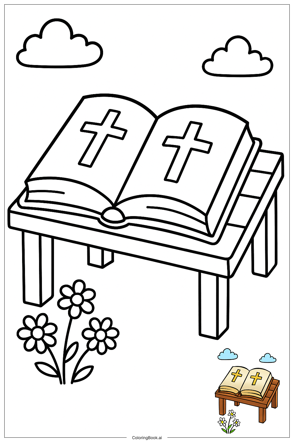  Página para colorear de Biblia Abierta Sobre Mesa de Madera 