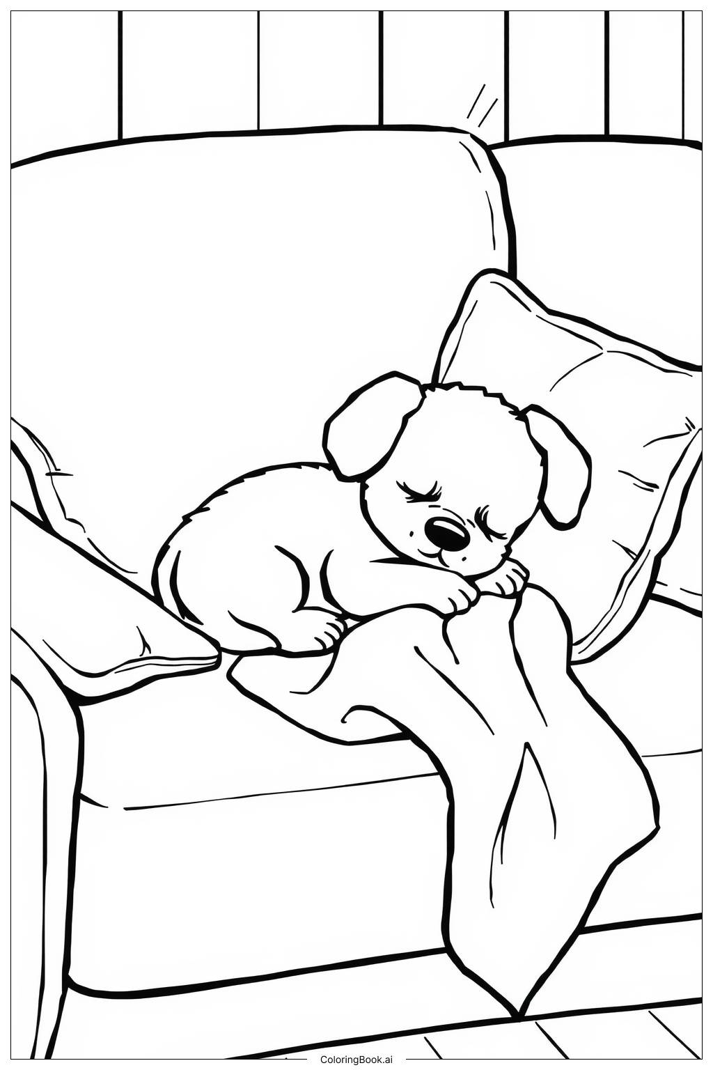  Page de coloriage Chiot dormant sur un canapé 