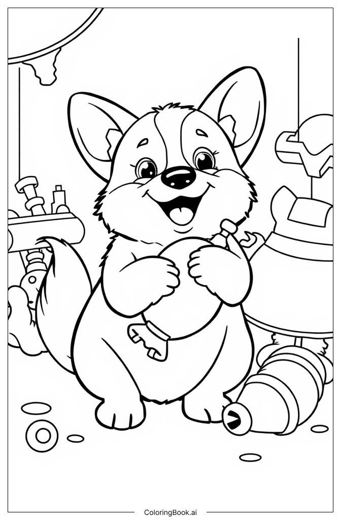  Page de coloriage Bébé Corgi Étreignant un Jouet 