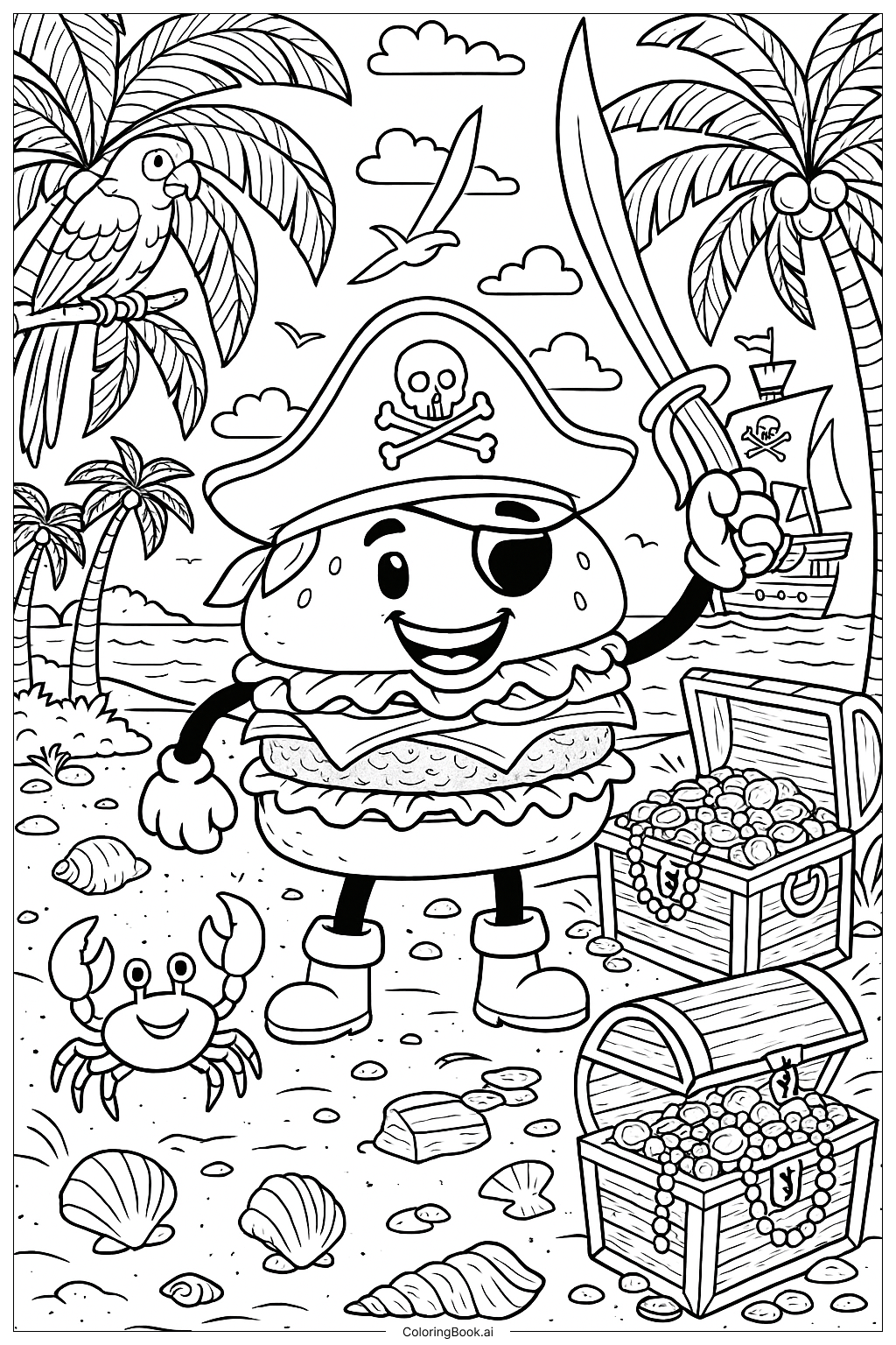  Page de coloriage Un pirate hamburger sur une île au trésor 