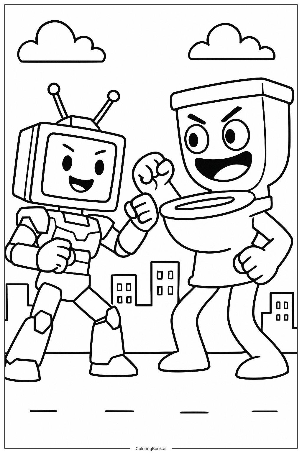  Page de coloriage Homme Titan TV amélioré combat une toilette géante Skibidi 
