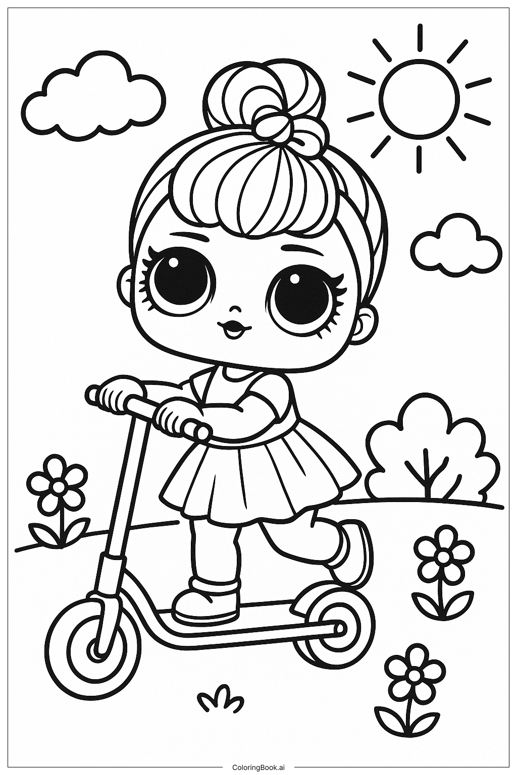 Página para colorir de Boneca Lol Andando de Patinete Fofo