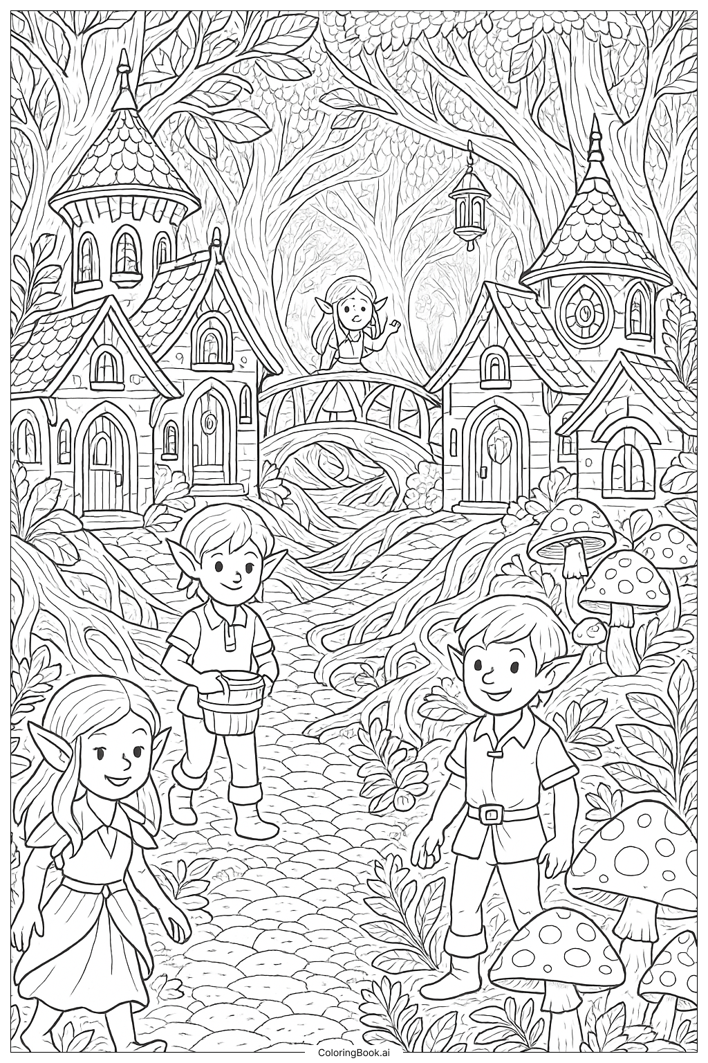  Página para colorir de Uma Vila Mágica de Elfos na Floresta 