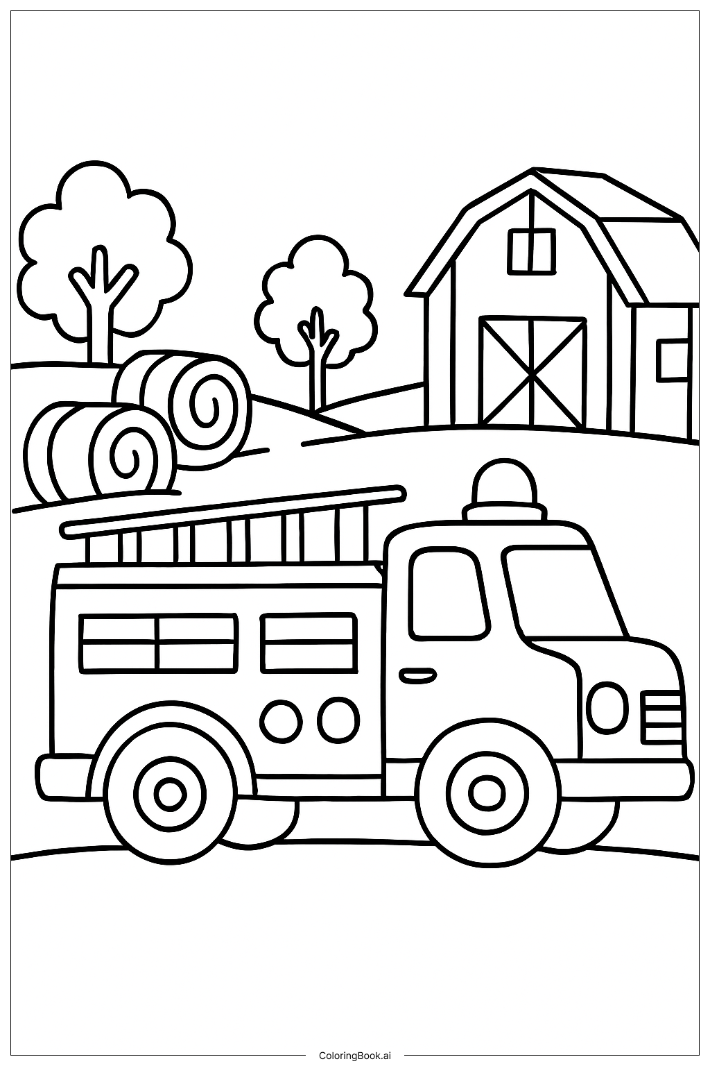  Page de coloriage Camion de pompiers dans un paysage agricole 