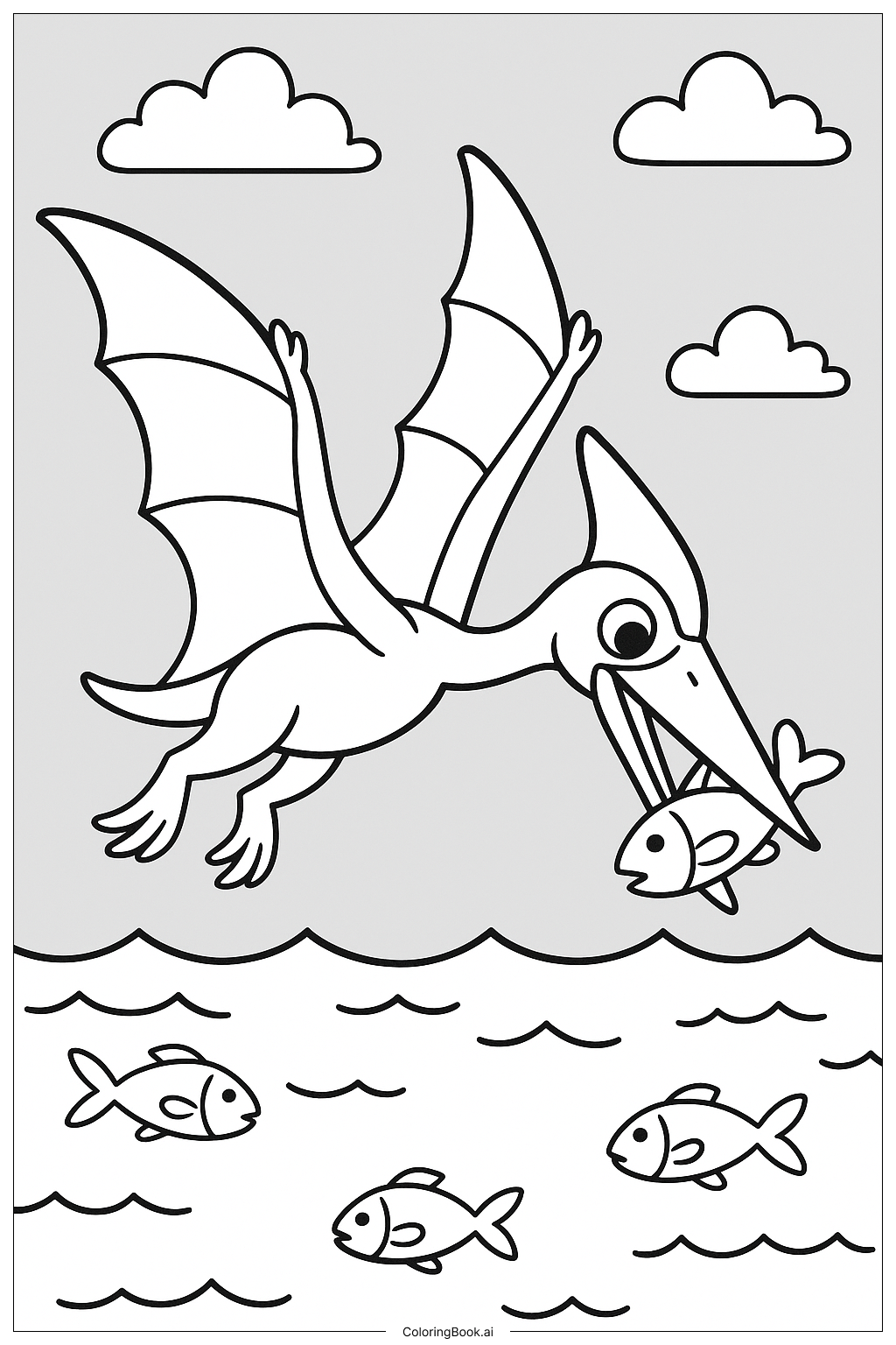  Página para colorir de Quetzalcoatlus Pegando um Peixe no Mar 