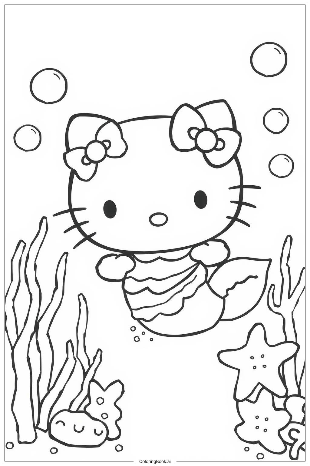  Página para colorir de hello kitty como uma sereia em um mundo subaquático 