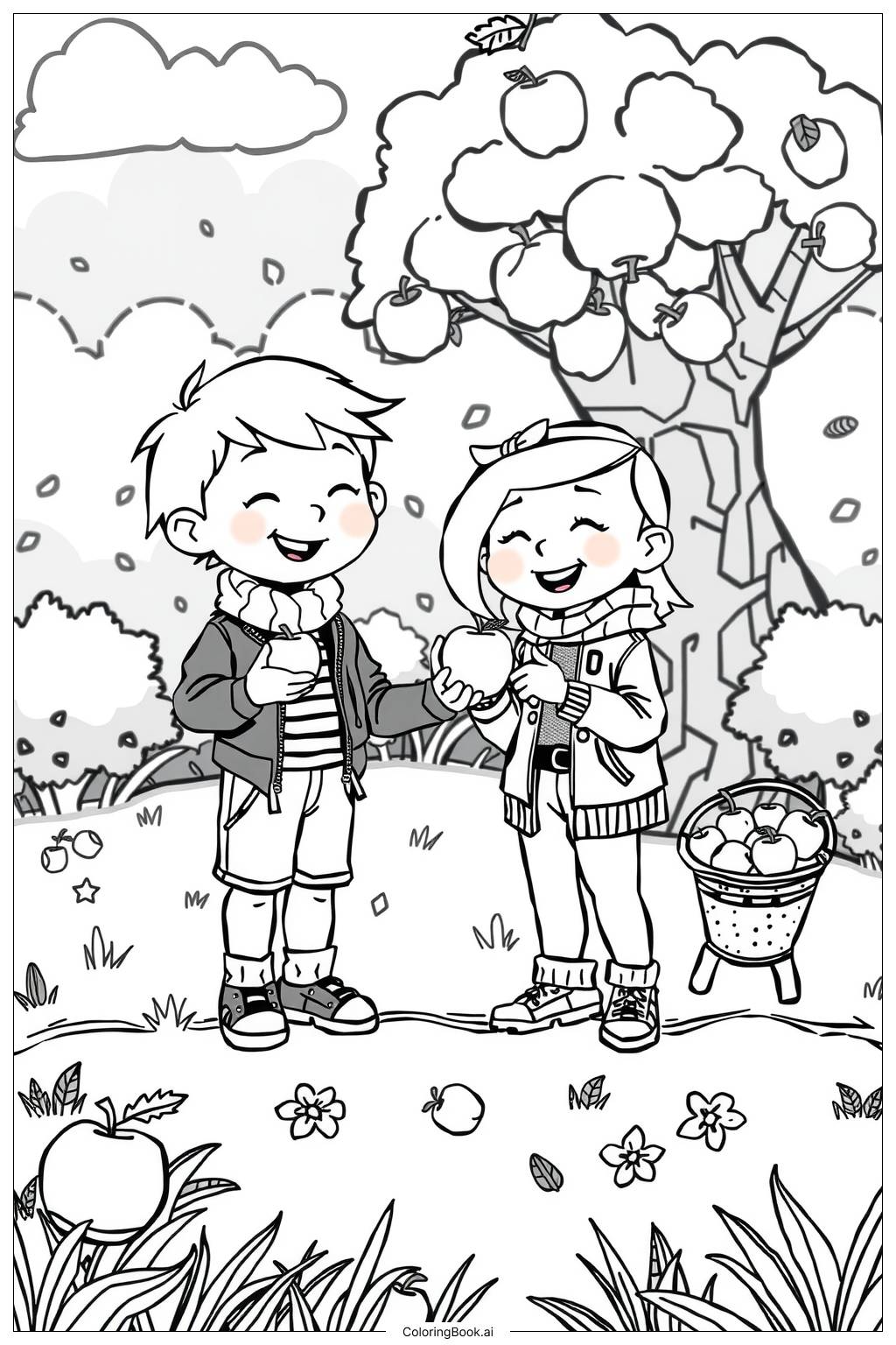  Happy Kids Eating Juicy Apples-2 Coloring Page 