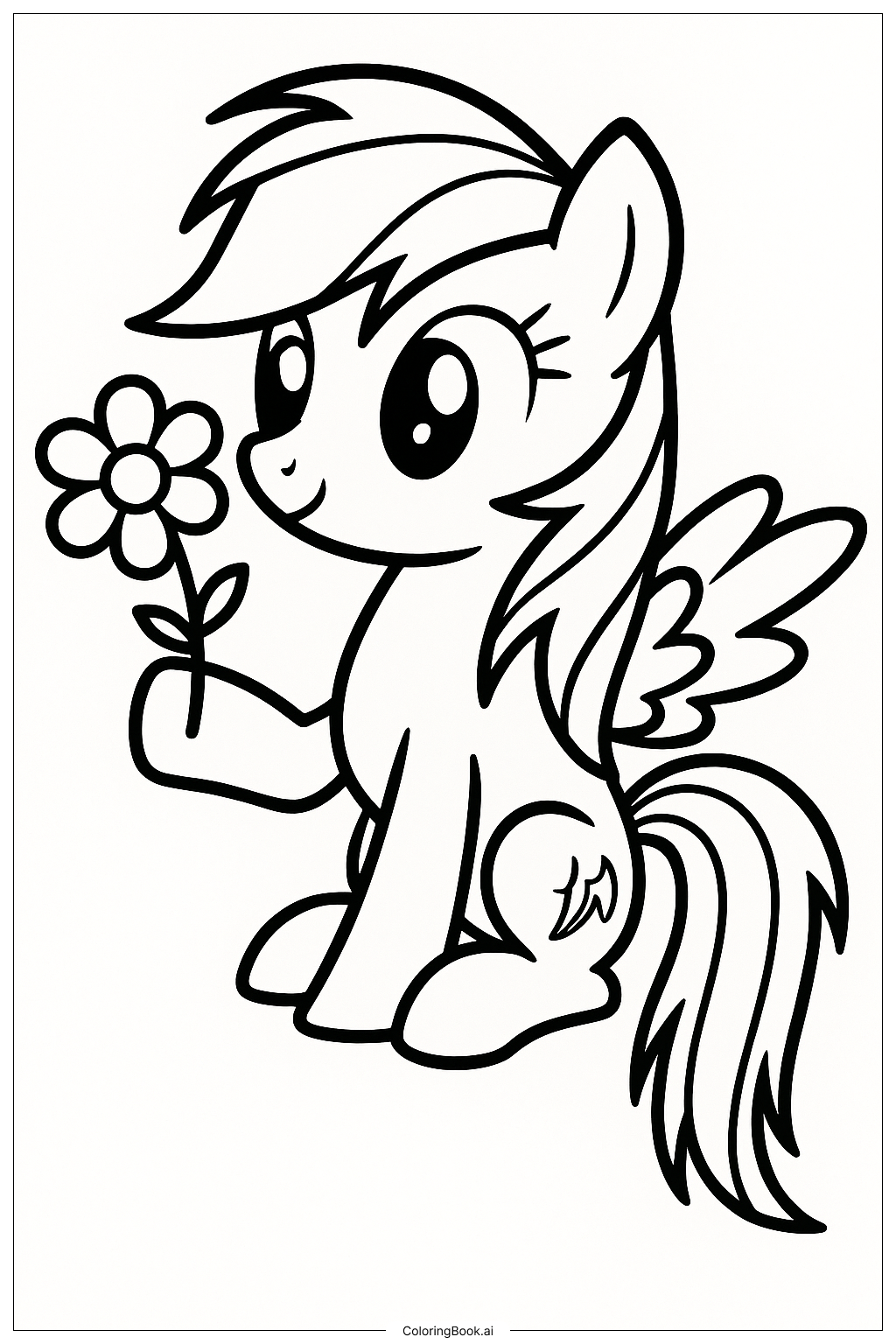  Página para colorear de Rainbow Dash con una sola flor 
