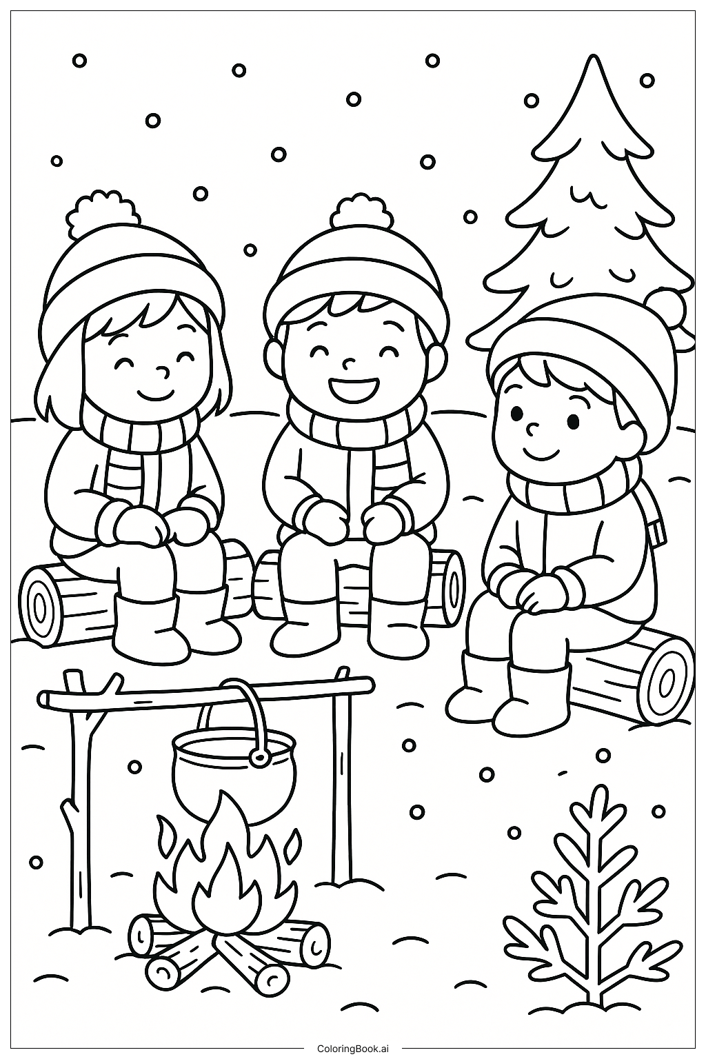  暖かい冬の焚き火の塗り絵ページ 