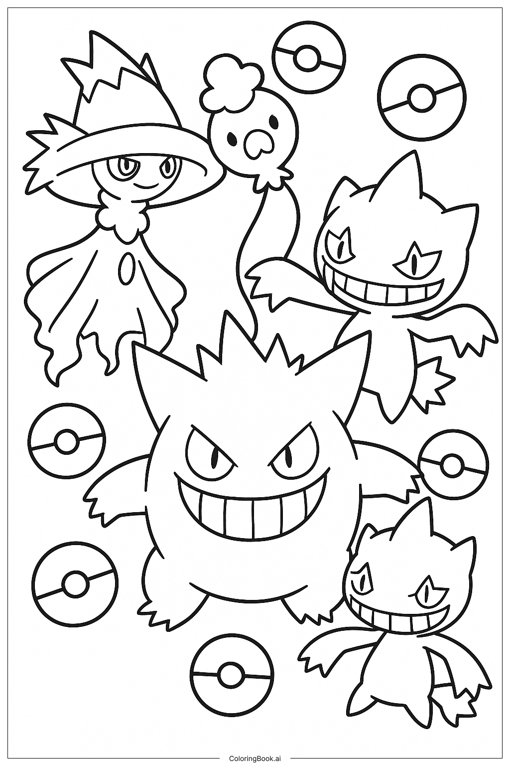  Page de coloriage Ectoplasma avec une équipe de Pokémon Spectres 