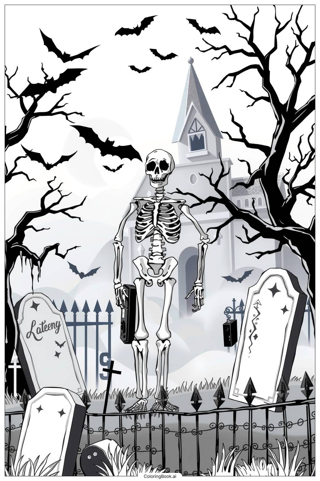  Skelett Halloween Friedhof-2 Ausmalseite 