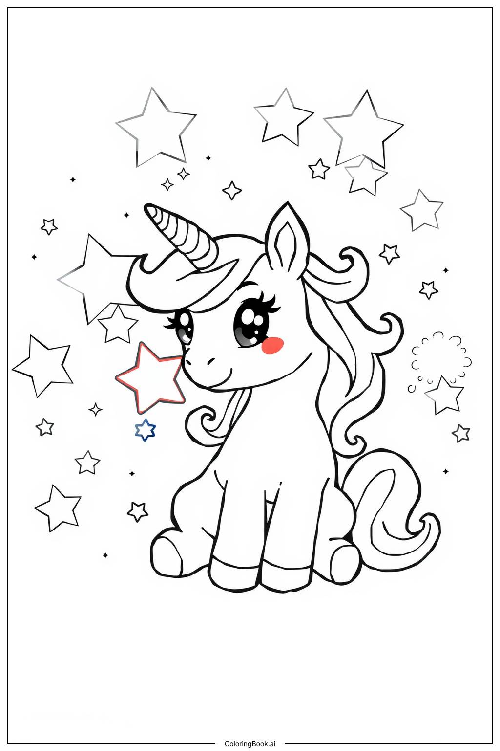  Page de coloriage licorne entourée d'étoiles 