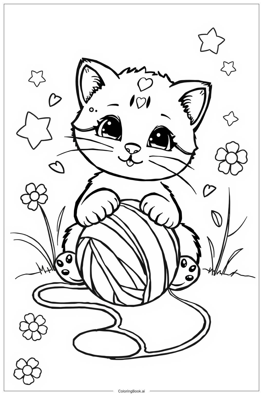  Page de coloriage Chaton avec une pelote de laine colorée 