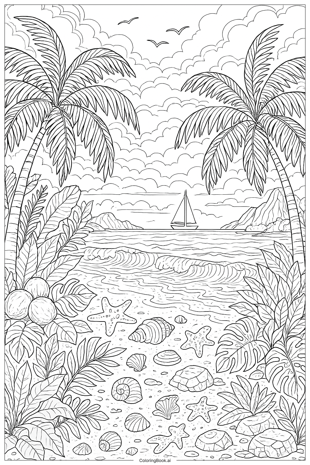  A Detailed Tropical Summer Island Landscape Coloring Page 