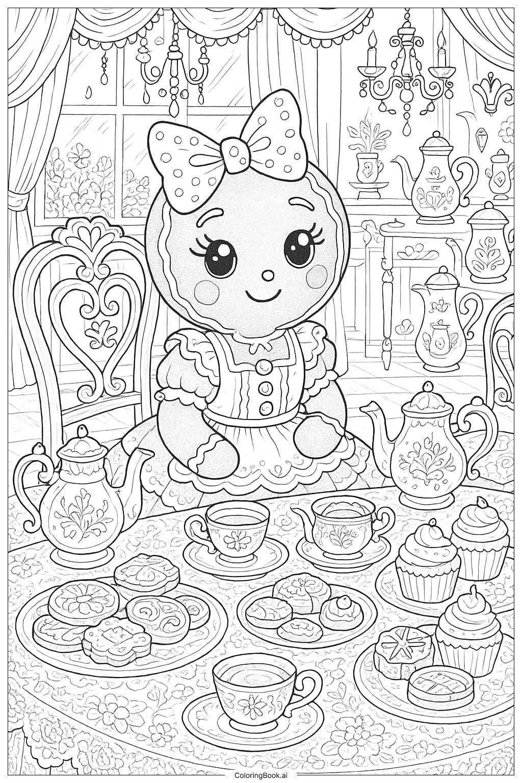  ティーパーティーのジンジャーブレッドガールの塗り絵ページ 