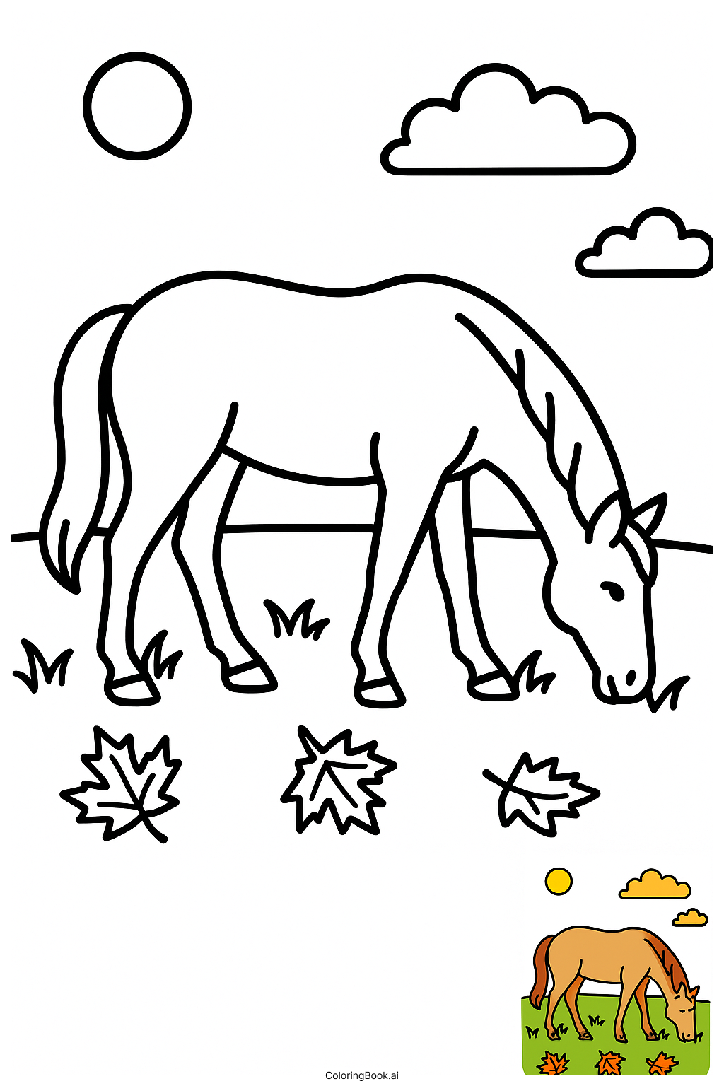  秋の牧草地で草を食む馬の塗り絵ページ 