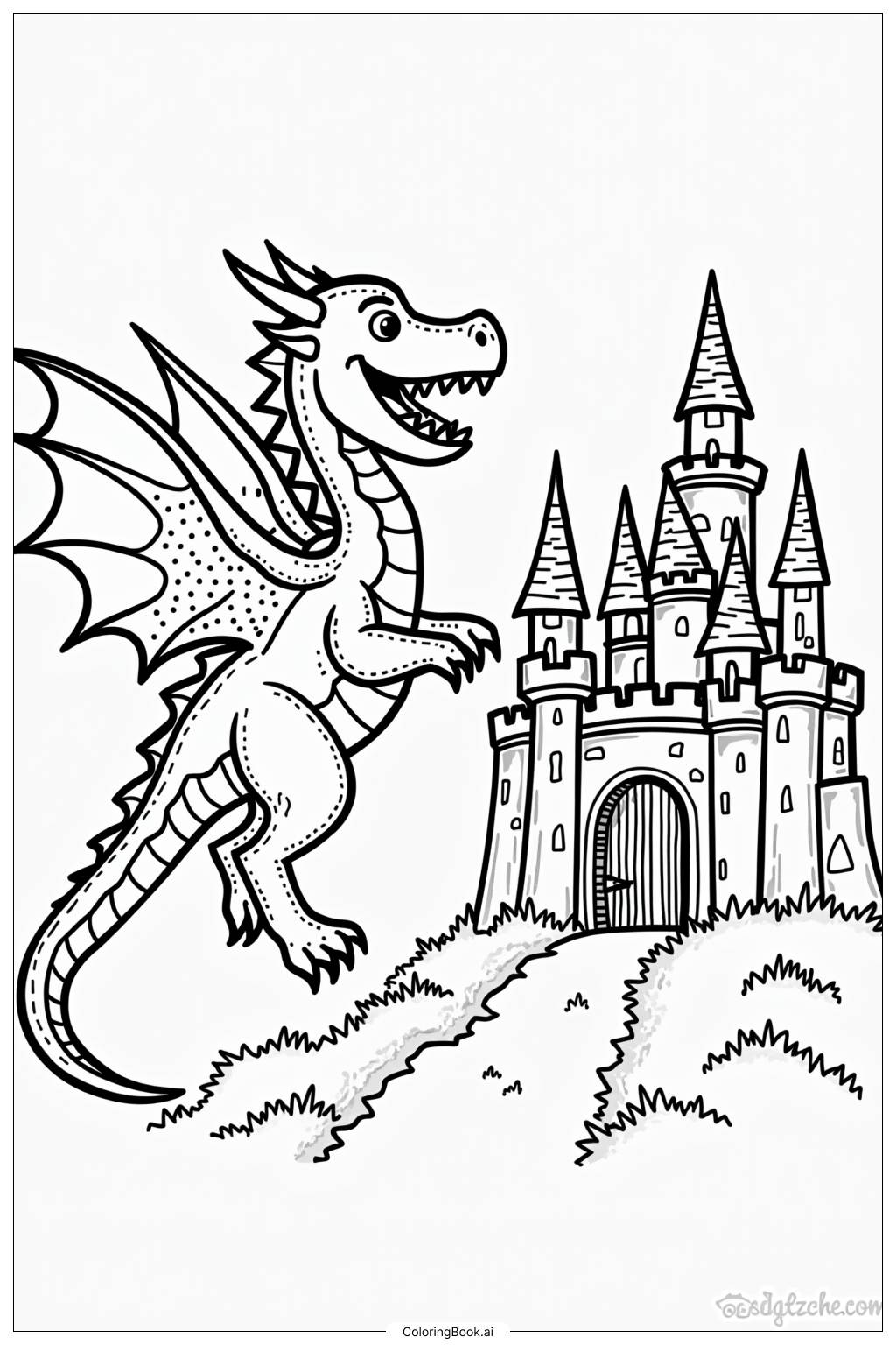  Page de coloriage Château Dragon Attaque Bataille 