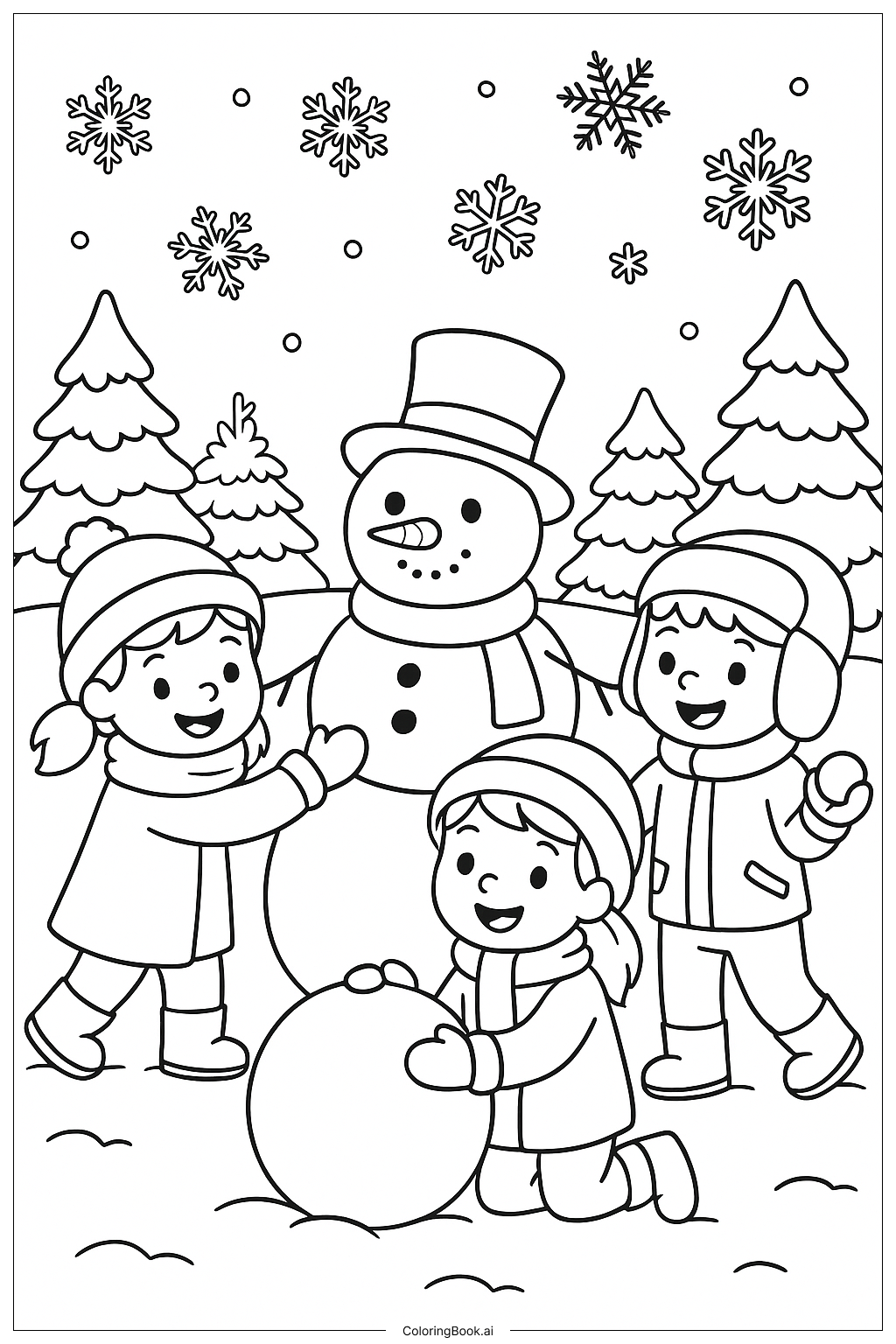  冬の雪で遊ぶ子どもたちの塗り絵ページ 