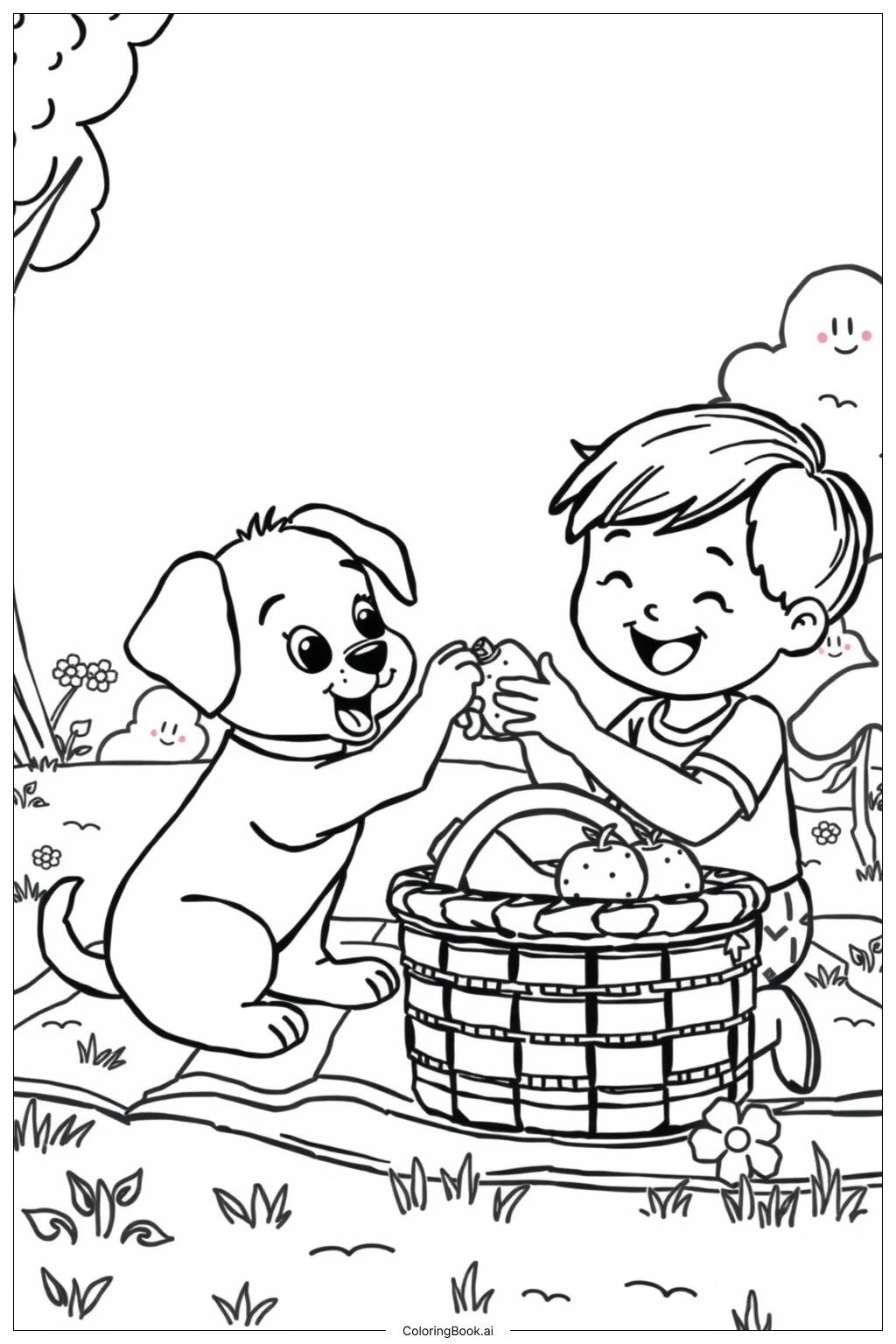  Página para colorir de Cachorrinho e Criança em um Piquenique 