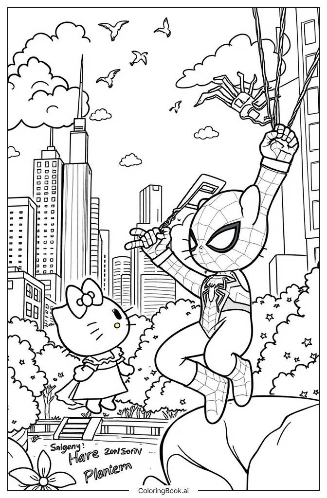  Hello Kitty trifft Spider-Man Ausmalseite 